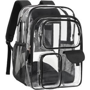 PACKISM Clear Backpack for School - 18 Inch Extra Large Heavy Duty Clear Bookbag for Boys, See Through PVC Transparent School Backpack with 3 Front Pockets, Black (Age 12+)