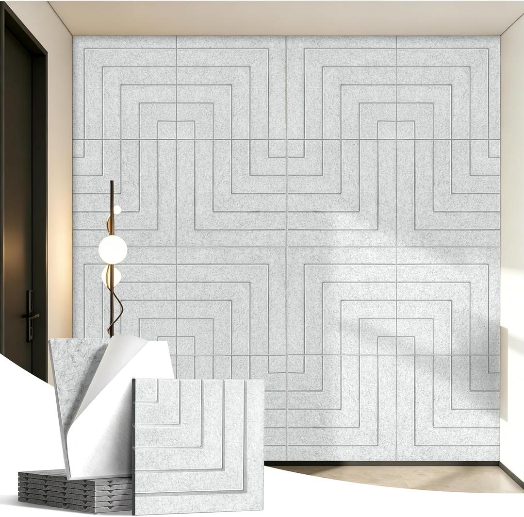 Acoustic Panels Right Angled Line Pattern Sound Absorbing Wall | 6 Pack 23.6x23.6 Inch Self-Adhesive High-Density, Decorative, Soundproofing Noise Cancelling for Home Office Recording Studio