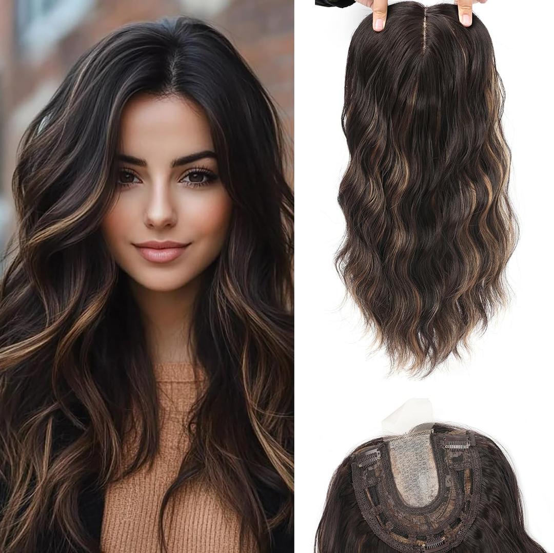 16Inch Hair Toppers for Women with Thinning Hair, Heat Resistant Fibre Synthetic 6.5" x 6.5" Base, Curly Wavy Topper for Women (Dark Brown with Highlights, 16inch)