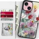 LUMARKE Designed for iPhone 13 Mini Wallet Case - Detachable Flip Folio Cover - RFID Blocking 4 Card Slots Holder - Leather Magnetic Kickstand - Protective Phone Case 5.4",Designer Flowers Print