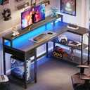 SUPERJARE 53 inch Reversible L Shaped Desk with LED Lights & Power Outlets, Computer Desk with Shelves & Monitor Stand, Gaming Desk with Drawer, Home Office Desk Corner Desk, Grey