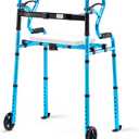 Health Line Massage Products 4 in 1 Folding Walker with Detachable Seat, Width Adjustable Folding Walkers with 5 Wheels and Extra 2 Skis, Compact Adults Walker for Seniors Support Up to 350lbs