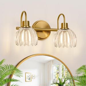 Bathroom Vanity Light (2-Light, 15 in), Brushed Gold Vanity Lights for Bathroom with Ribbed Clear Tulip Glass Shade, Vintage Vanity Wall Lights for Mirror Bedroom Living Room Hallway
