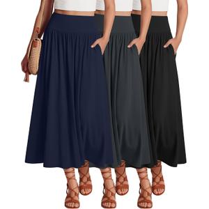 Ficerd 3 Pack Maxi Long Skirts for Women, Ankle Length High Waisted Pleated Flowy a Line Summer Casual Skirts with Pockets(Black, Dark Gray, Navy Blue,Large)