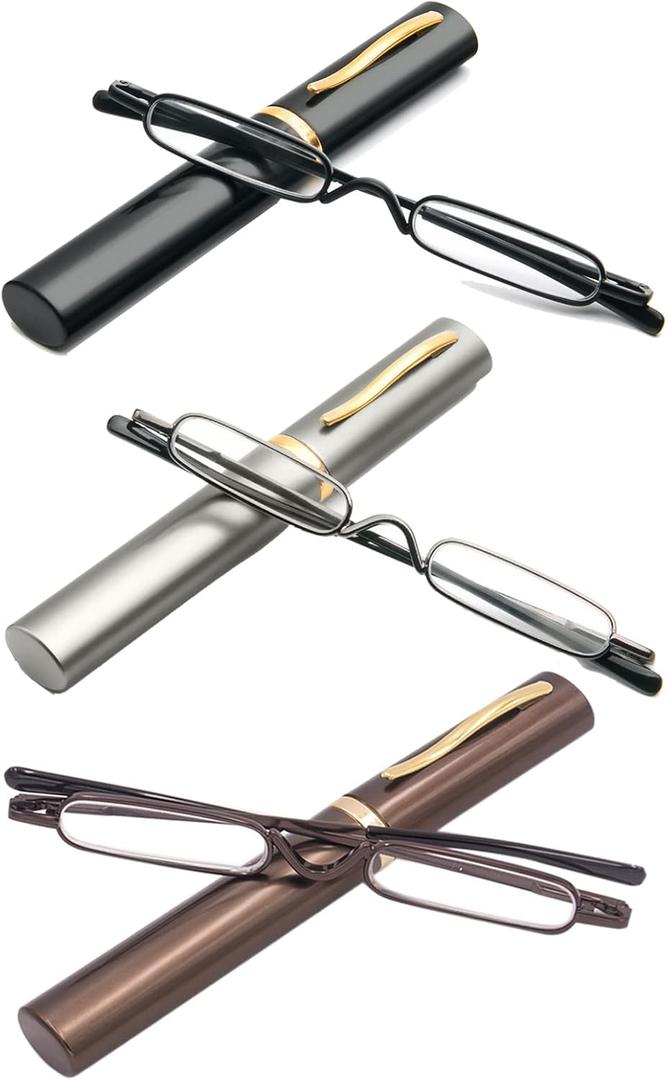 MMOWW Ultra Small Reading Glasses For Men Women Slim Pocket Readers with Pen Clip Metal Case Spring Hinge 3 Pairs (Black+Grey+Brown,+1.0)