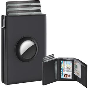 GAOCHALE AirTag Wallet [Top Grain Leather] Smart Pop Up Air Tag Wallet [Quick Access] RFID Blocking Minimalist Wallet for Men Up to 11+ Cards (AirTag Not included)(Black)