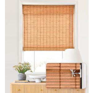 LazBlinds No Tools No Drill Cordless Bamboo Roman Shades, Light Filtering Window Treatment, Roll Up Bamboo Blinds for Windows 37'' W x 64'' H, Wood