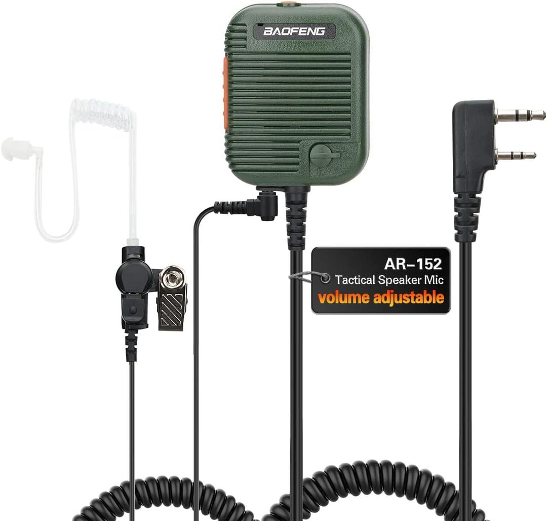 BAOFENG Military Grade Volume Adjustable Speaker Mic with 3.5mm Receiver/Listen Only Surveillance Acoustic Tube Earpiece AR-152 UV-5R Motorola TYT Radio (Green+Headset)