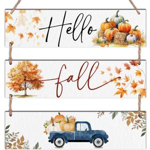 3Pcs Hello Fall Wooden Sign With Rope - Thanksgiving Funny Hanging Plaque For Front Door - Pumpkin & Maple Leaf Rustic Hanging Sign - Autumn Wall Art Decor For Home Room Office Outdoor Indoor -A03