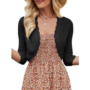 Women's Bolero Shrug 3/4 Sleeve Cropped Cardigan Knit Sweaters Open Front Casual Elegant Jacket for Dresses Black XS