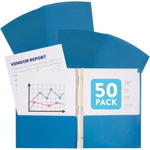 Blue Folders with Prongs, Blue Folders with Pockets and Prongs, 2 Pocket Folder with 3 Brads, Paper, 50 Pack