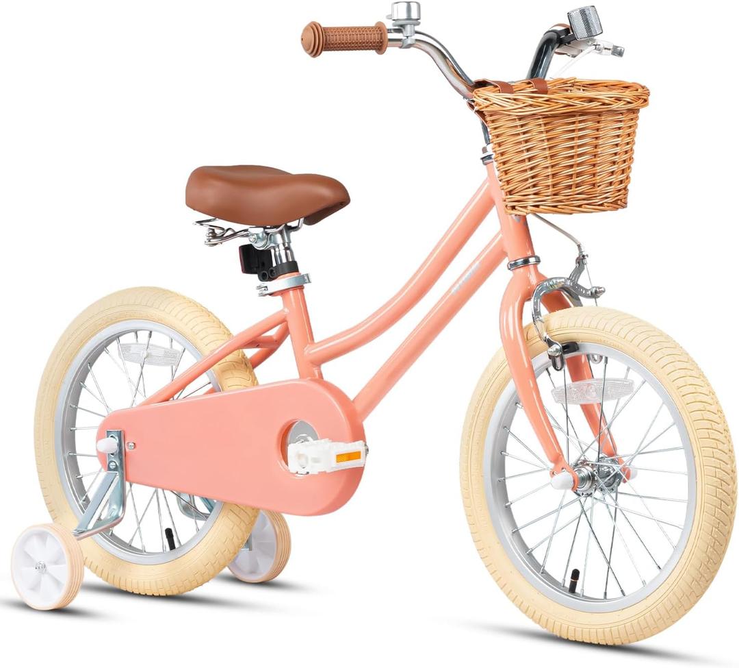 Petimini Girls Bike with Basket for 2-12 Years Old Kids, 12 14 16 18 20 Inch Bicycle with Bell Training Wheels, Multiple Colors (Peach)