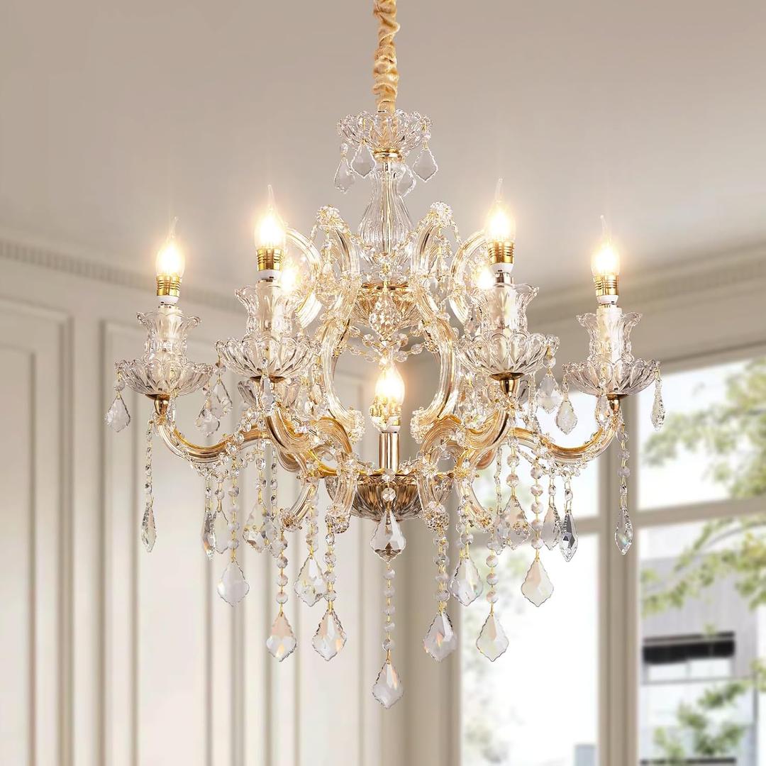 Luxurious K9 Crystal Chandelier for Living Room & Bedroom – Elegant Modern Ceiling Light, Adjustable Height, Energy-Efficient LED (7 Lights E12 Bulbs)