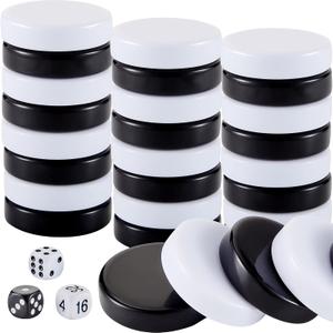 Skylety 30 Pcs Backgammon Pieces Checkers, 1.25 Inch Replacement Checkers Board Game Playing Game Chips with 5 Dice(Black and White)