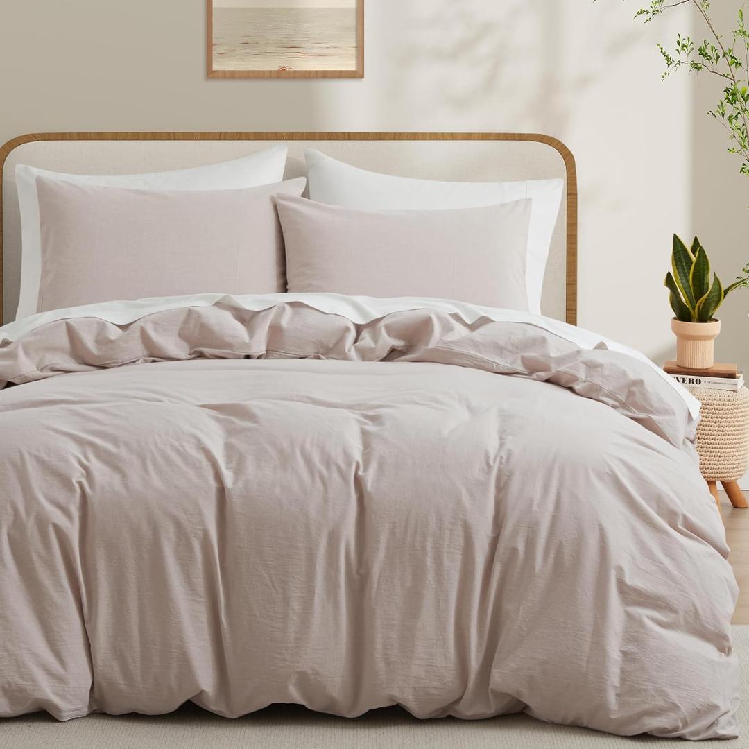 LOVQUE 100% Washed Cotton Duvet Cover Set King Size, Linen Like Natural Bedding Set with Zipper Closure (No Comforter), 104x90 Inches, Light Linen Grey