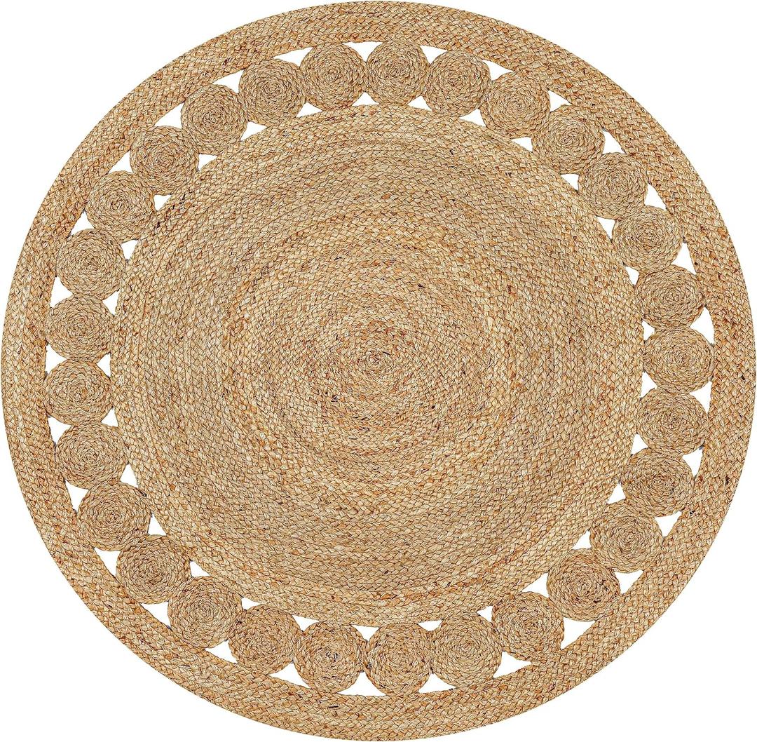 HOMIDATE Hand Woven Farmhouse Jute Area Rug 8 Ft Round Natural Yarn, Rustic Vintage Beige Braided Reversible Rug, Eco Friendly Rugs for Bedroom, Kitchen, Living Room, Farmhouse 100% Jute Rug