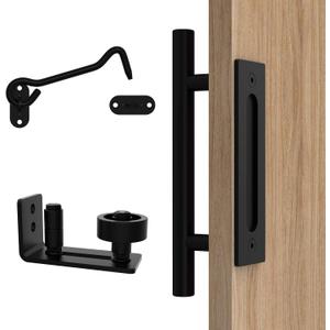 Orgerphy Black 12 Inch Barn Door Handle with Latch and Adjustable Floor Guide Kit | Heavy Duty for All Sliding Barn Door | Flat Bottom Easy to Install | 8 Setup Options for DIYers