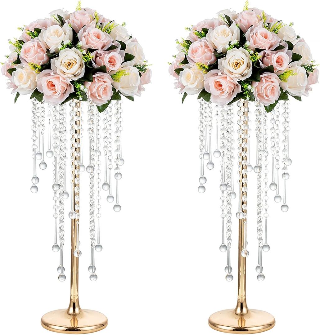 NUPTIO Wedding Centerpieces Gold Vases: 2 Pcs 21.7in Tall Crystal Flower Vase Metal Flowers Stand for Party Tables Decorations - Elegant Bulk Weddings Decoration Table Chandelier Centerpiece Stands