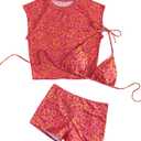 SOLY HUX Women's Floral Print Halter Top and Shorts Bikini Bathing Suits 3 Piece Swimsuit with Cover Up Top (Medium)