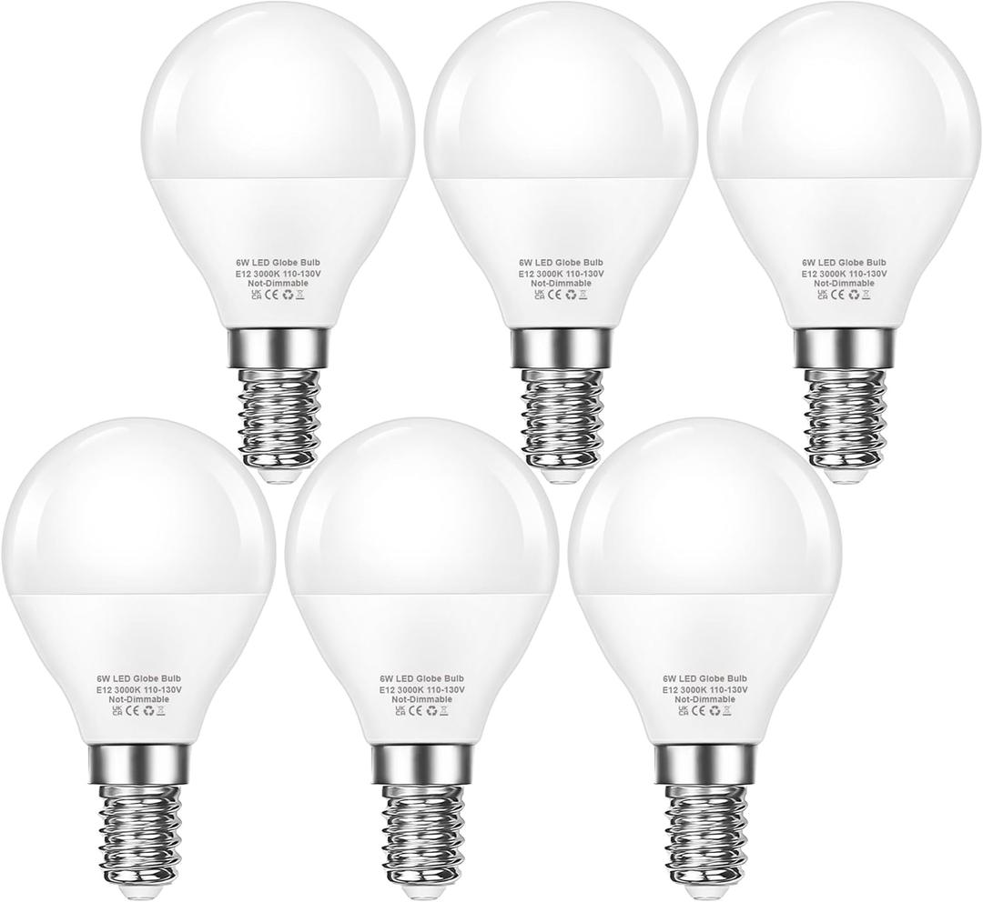 EvaStary Ceiling Fan Light Bulb E12 Candelabra Base, 3000K Warm White 60 Watt Equivalent, E12 LED Chandelier Light Bulbs, 6W 600LM Brightness G14 Mini Globe Candelabra Lighting, Non-dimmable, 6 Pack