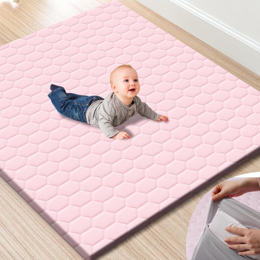 TINYHARBO Premium Foam Baby Play Mat 50" x 50" with Removable Cover, Extra Thick Padding Playpen Mat, Non-Slip Floor Mat, Stylish & Easy to Clean for Crawling Baby, Infants & Toddlers, Pink