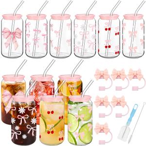 6 Pcs Coquette Bow Glass Cup Bulk 16oz Aesthetic Pink Glass Cup with Lids and Straws Reusable Pink Bow Silicone Straw Toppers Lids Protectors 2 Brush for Drinking Coffee Tea Cocktail