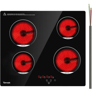 TOPWISH 24 Inch Electric Cooktop, 4 Burners Built-in Electric Stove Top Hot Plate, 6000W Drop-in Ceramic Cooktop Kitchen Stoves with Touch Control, Safety Lock, Timer, 220-240v (Hard Wired No Plug)