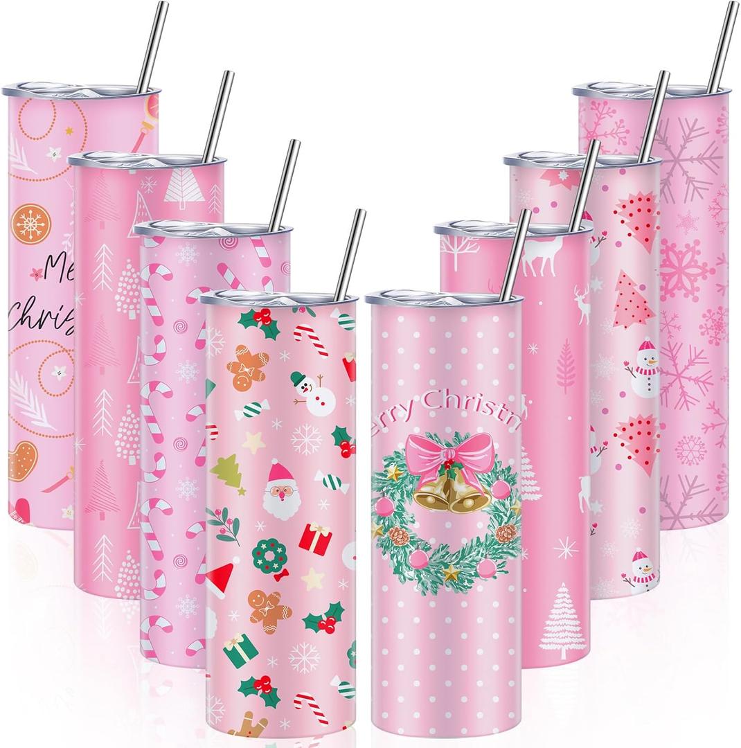 Sliner 8 PCS Christmas Tumbler with Lid Straw and Brush Stainless Steel Christmas Mug Xmas Funny Tumbler Double Insulated Coffee Cup Travel Mug for Holiday Birthday Wedding Party Gifts (Sweet)