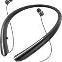 Bluetooth 5.0 Neckband Bluetooth Headphone, Sweat Resistant Noise Cancelling Stereo Headphones, and Retractable Ear Tips for Music, Conference, Videos (Black)