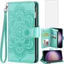 Asuwish Phone Case for Samsung Galaxy S23 5G Wallet Cover with Tempered Glass Screen Protector and Flower Leather Flip Credit Card Holder Stand Cell S 23 23S GS23 G5 SM-S911U 6.1 inch Women Men Blue