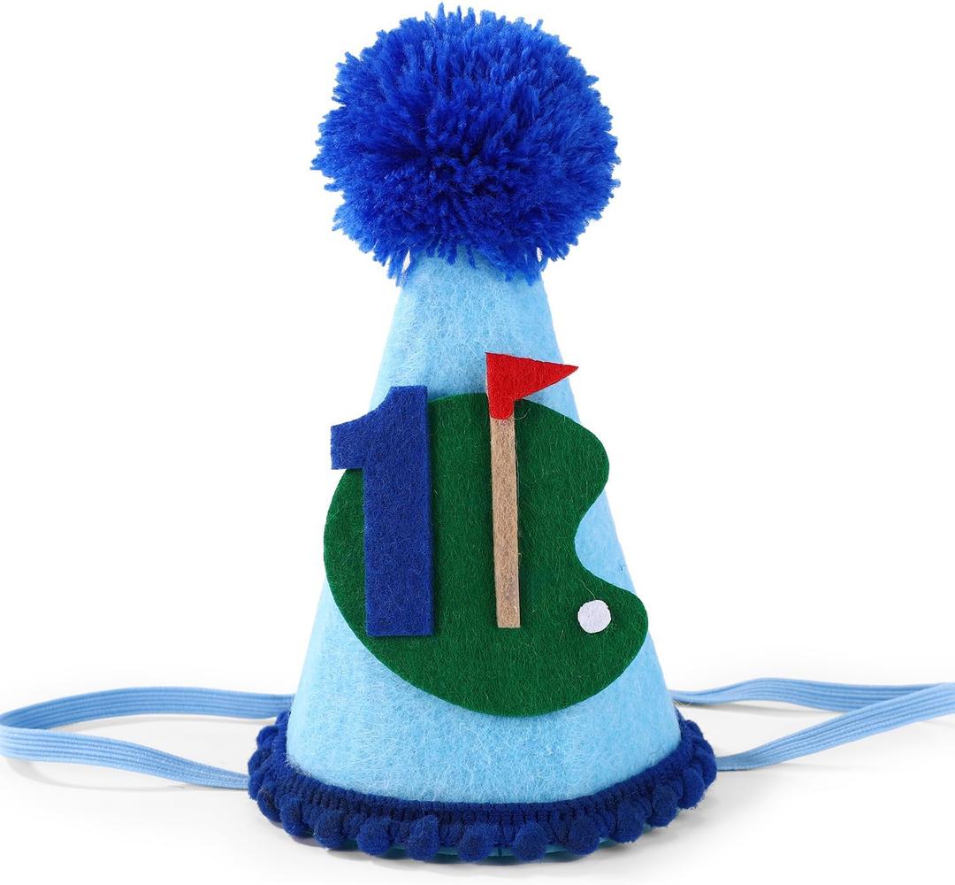 2 x Tinoaly Golf 1st Birthday Hat, Hole in One Party Decorations for Boys First Birthday Celebration Accessories Golf Themed Party Supplies (Blue)