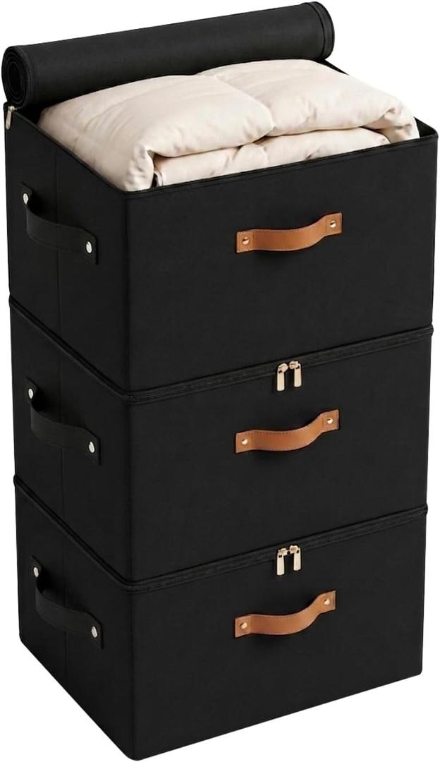 Tuza 3 Pack Foldable Storage Bin with Lid, Heavy-Duty Fabric Storage Box with Reinforced Handles, Collapsible Closet Organizer for Clothes, Bedding, Wardrobe & Bedroom Organization(Black, 56L)