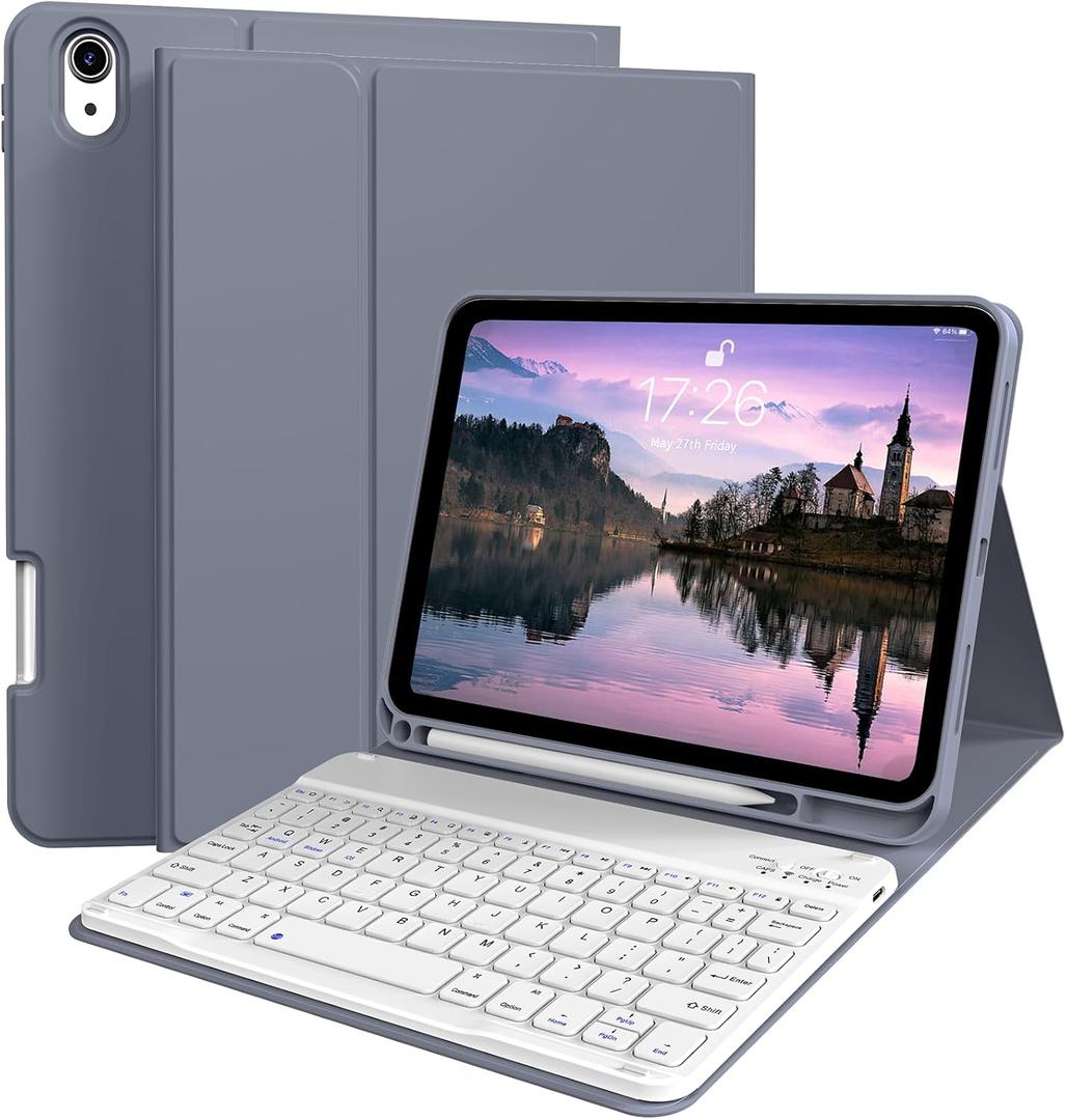 kenke for iPad 11/10th Gen Case with Keyboard 11/10.9 inch 2025 A16/2022, Detachable Wireless Bluetooth Keyboard Case with Left Side Pencil Holder, White Square Keycaps (Purple)
