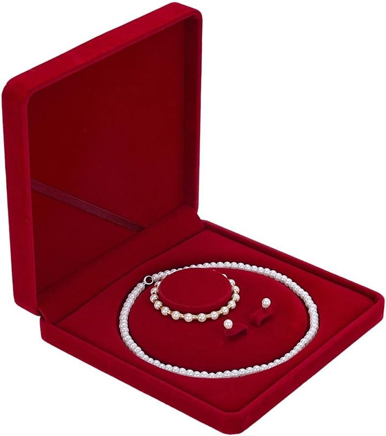 FINGERINSPIRE Jewelry Velvet Box 5.18inch Inner Diameter with Fiberboard Dark Red Square Pearl Necklace Earring Bracelet Gift Display Case Wedding Jewelry Storage Holder Long Chain Holder Storage Case