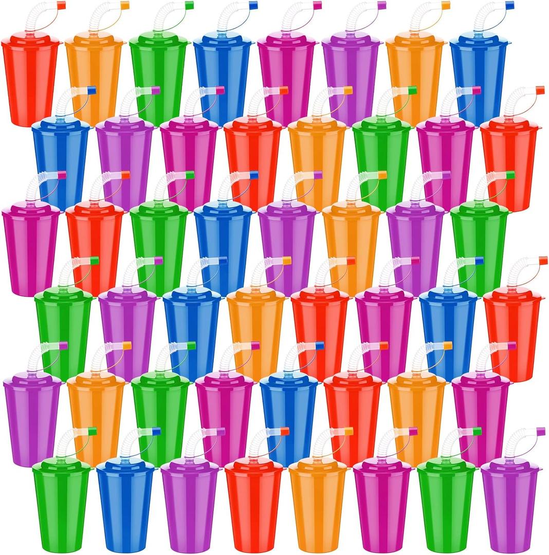 Zubebe 48 Pcs Neon Straws Cups 12 oz Colorful Neon Cups with Sipper and Lids Plastic Favor Reusable Straw for Birthday Party Events Supplies, 6 Colors