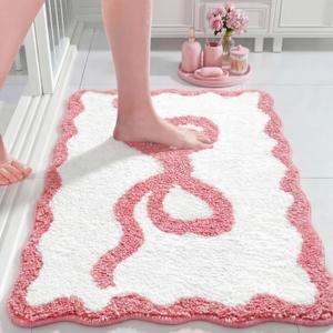 Tinideya Pink Bow Bathroom Rug 20" x 32" Scalloped Bow Bath Mat Non Slip Coquette Rug Cute Aesthetic Carpet Preppy Room Decor Microfiber Absorbent Bathroom Mat for Valentines Bathtub Shower Bedroom