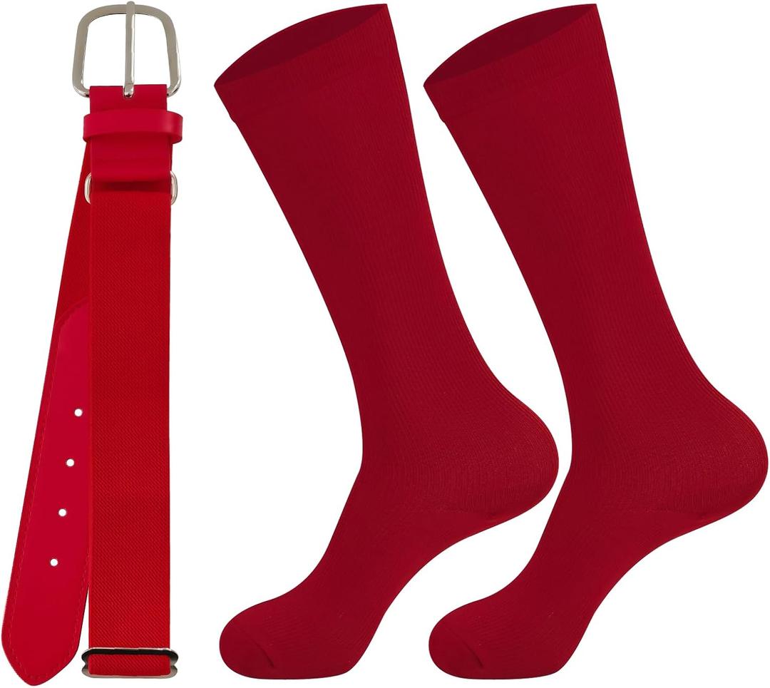 2 x Teen Youth Baseball Socks Boys Teens Softball Socks and Belt Set for Baseball,Soccer.(1 Sock with 1 Belt). (Red, L)