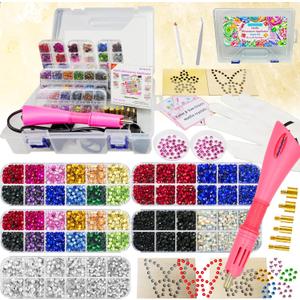 Hotfix Applicator Tool with 8600 Pcs Rhinestones for Blinging Clothes, Fabric, Clothing, Leather, Hot Fix Bedazzler Kit with 6 Tips, Stand, Manual, Case, Glove, Stencils, Tray, Tweezers, Gem Picker