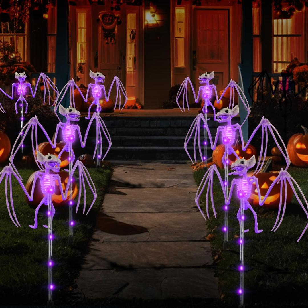 Halloween Decorations Outdoor Solar Garden Lights, 2PCS of Set 3D Scary Bat Realistic Skeleton Outside Decor, Solar Creepy Bats Path Lights for Grave/ Yard/ House/ Halloween Party Gifts Decor Purple