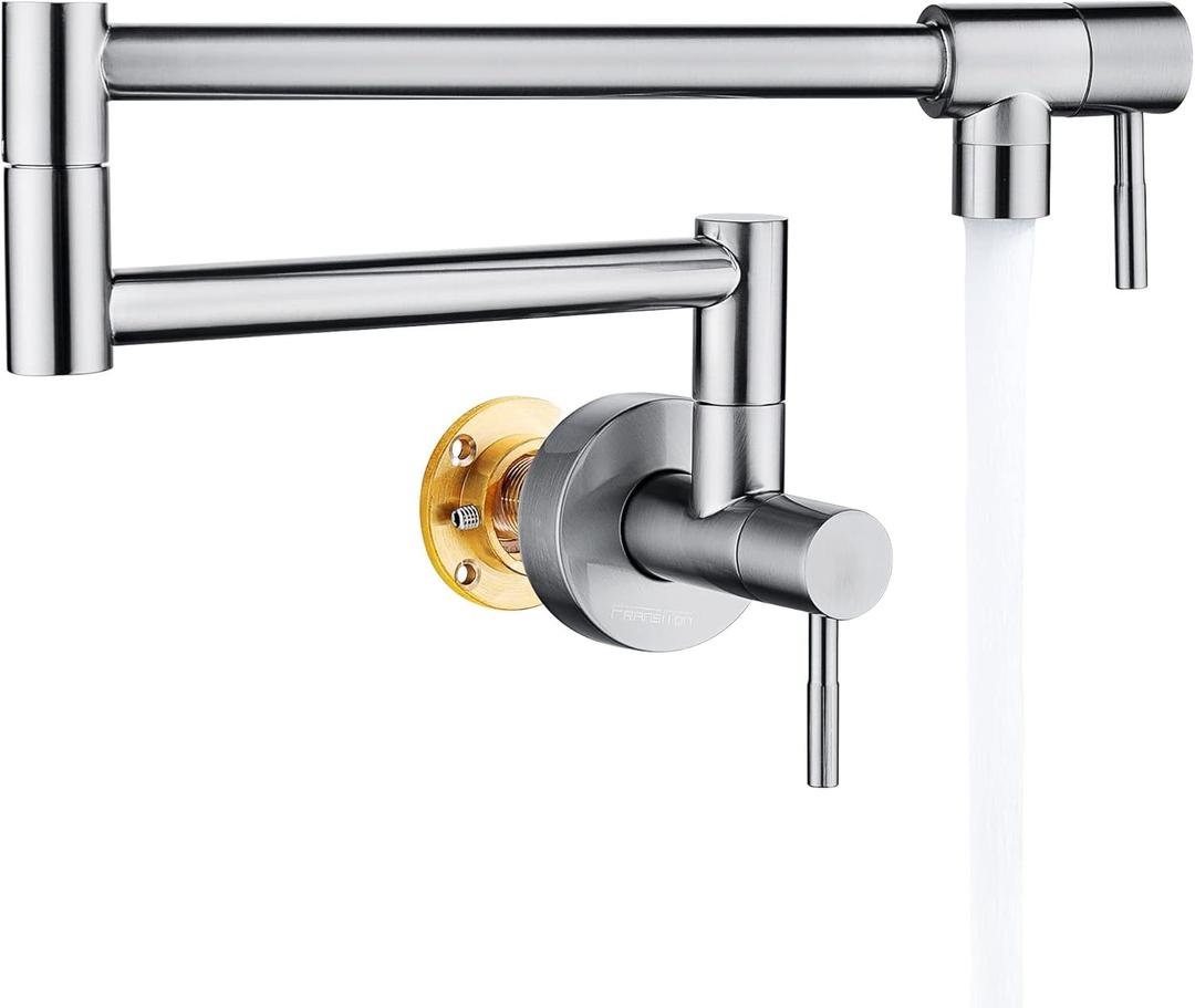 Brushed Nickel Pot Filler, Pot Filler Faucet Wall Mount, Brass Folding Stretchable with Double Joint Swing Arm Single Hole Two Handles Kitchen Restaurant