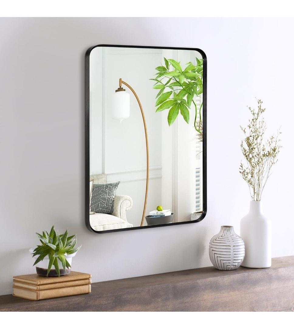 Wall Mount Small Mirror, Brushed Metal Framed Rounded Corner 12" x 16" Black