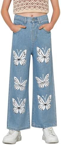 MyFav Girls' Jeans Bootcut Cute Floral Stretch High Waist Flare Casual Denim Pants with Pocket, Size 8Y