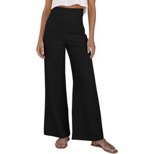 Women Linen Wide Leg Pants Summer High Waist Loose Palazzo Pants Flowy Lounge Trousers Beach Travel Resort Vacation (Black, M)