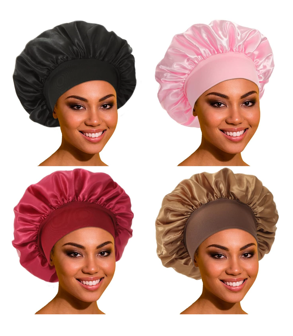 Satin Bonnet Hair Bonnet for Sleeping- 4 Pack Large Silk Bonnets for Women with Elastic Soft Band for Hair Care Braids