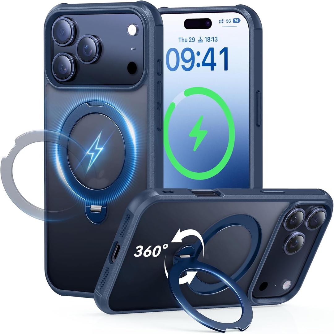 Peerock 360 Spin Magnetic Stand (Pro-Version) for iPhone 17 Pro Case (Compatible with MagSafe) [Military Drop Protection] Matte Translucent Shockproof Protective Phone Case 6.3'', Deep Blue