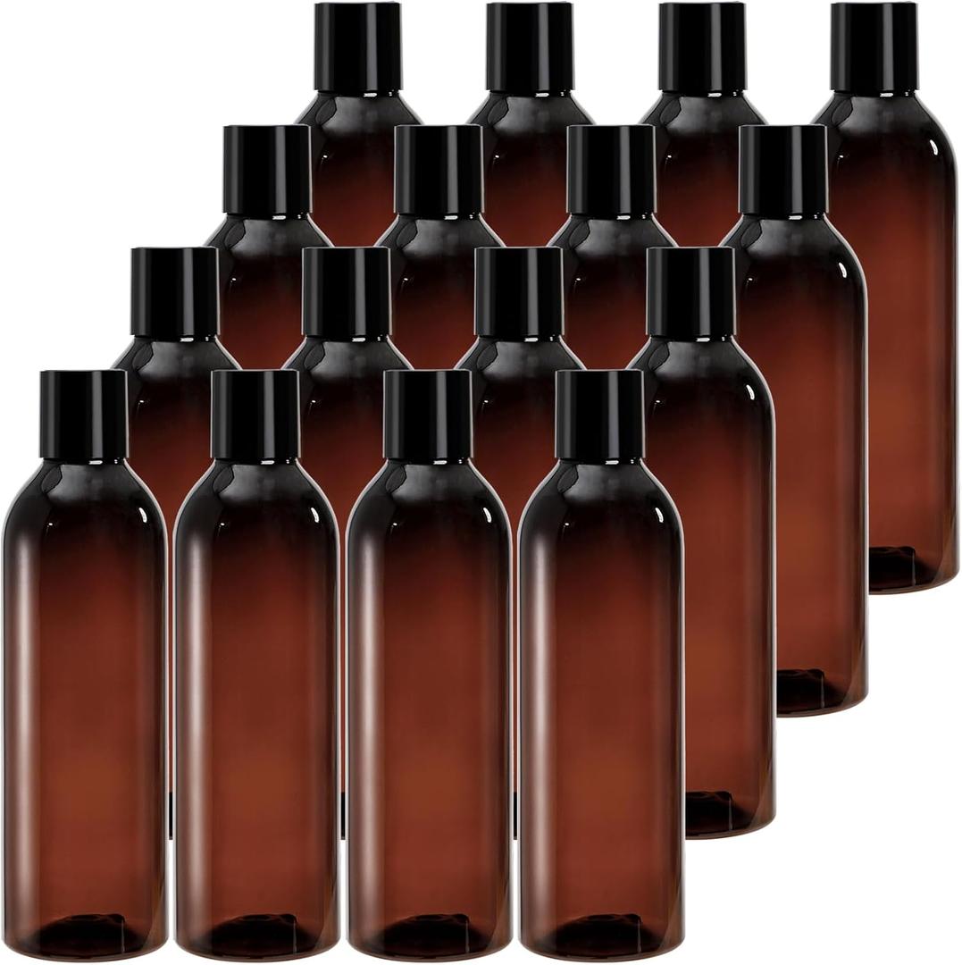 Bekith 16 Pack 8 ounce Amber Empty Plastic Bottles with Disc Top Flip Cap; BPA-Free Refillable Containers For Shampoo, Lotions, Liquid Body Soap, Creams
