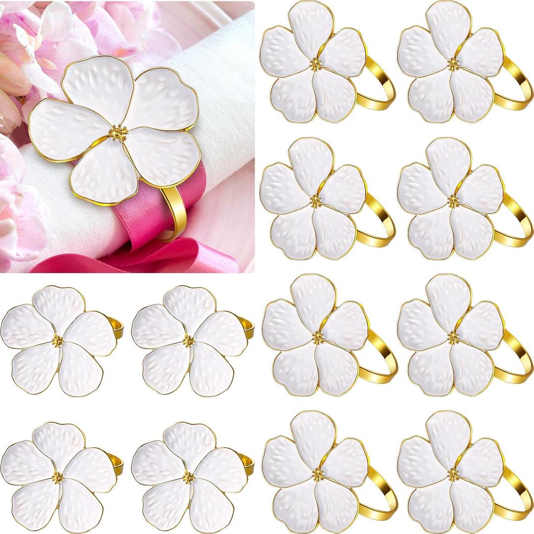 Patelai 12 Pcs White Flower Napkin Rings Bulk Gold Cloth Napkin Holder Set Floral Serviette Buckles Table Decor for Wedding Banquet Birthday Christmas Baby Shower Dinner Daily Use