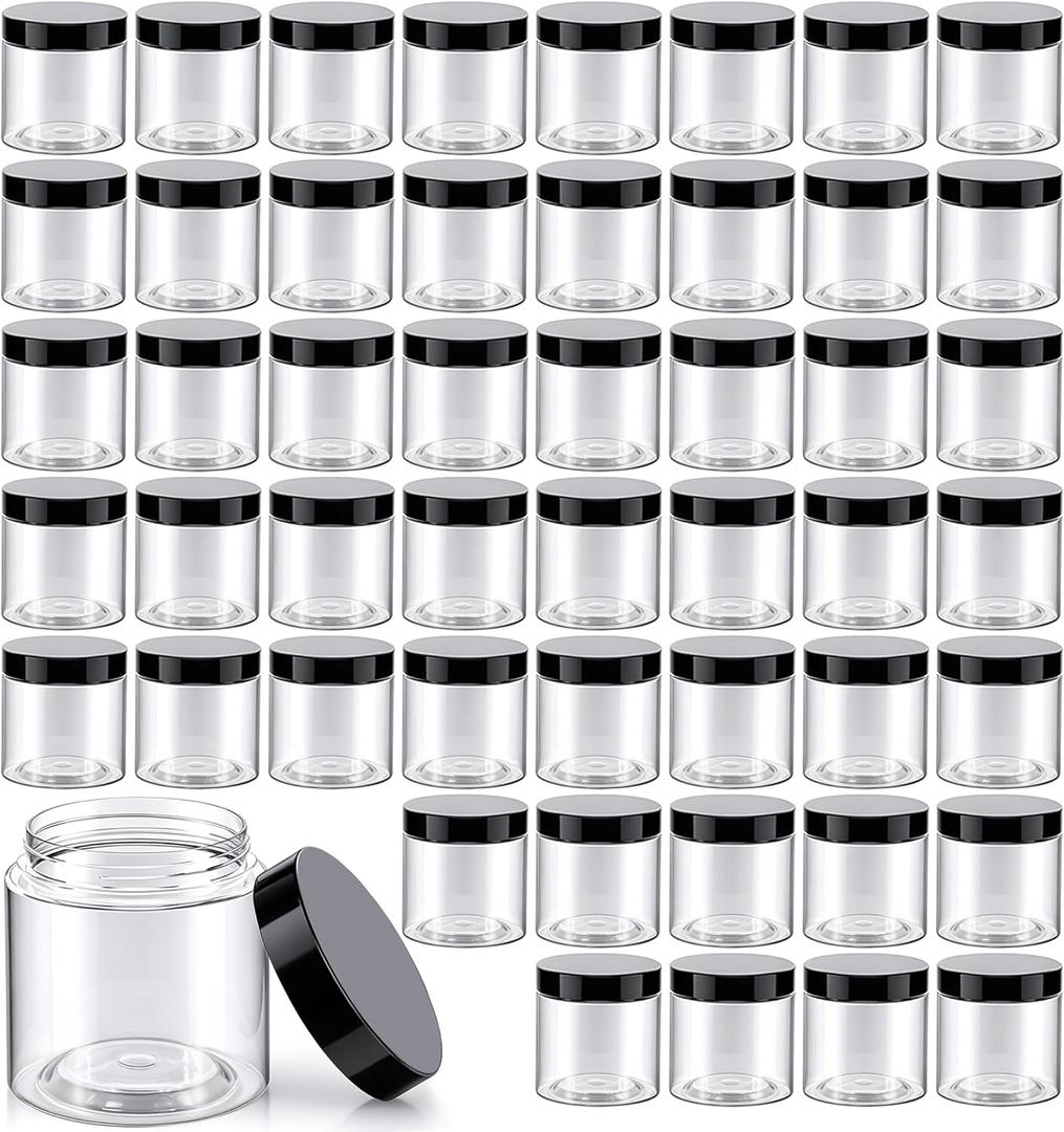 50 Pack 4 oz Clear Plastic Jars with Lids - Small/Mini Containers for Slime, Ointments, Lip Balm, Creams, Samples, Eyeshadow, Travel Storage, Makeup, Lotion and Body Butter