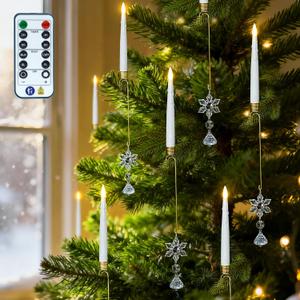 FREEPOWER 12PCS Flameless Christmas Tree Candles with RemoteBattery Operated Flickering Candles Christmas Tree Lights,LED Taper Candle for Home Parties Birthday Gift with Snowflake Hook (White)
