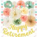 Retirement Party Decorations for Women --Sage Green Peach Pink Happy Retirement Banner Backdrop, Hanging Swirls Pompoms Kit Office Retired Party Supplies for Coworker